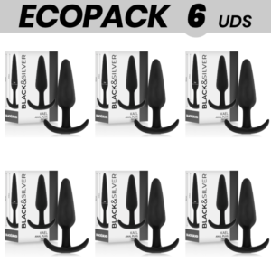 ECOPACK 6 UNIDADES – PLUG ANAL DE SILICONE BLACK&SILVER KAEL COM CABO MÉDIO