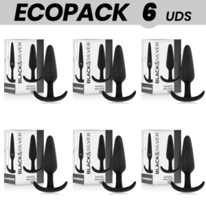 ECOPACK 6 UNIDADES – PLUG ANAL DE SILICONE BLACK&SILVER HANSEL COM CABO PEQUENO